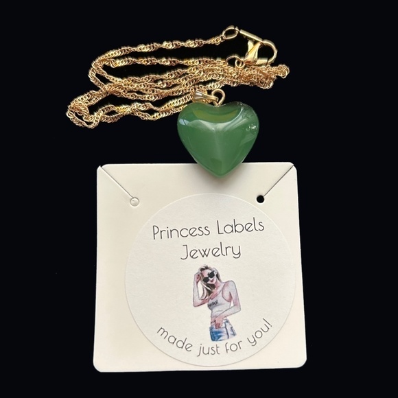 3-D Heart of Glass Pendant Necklace Exotic Jade Water Wave Gold Plate Chain - Picture 6 of 9